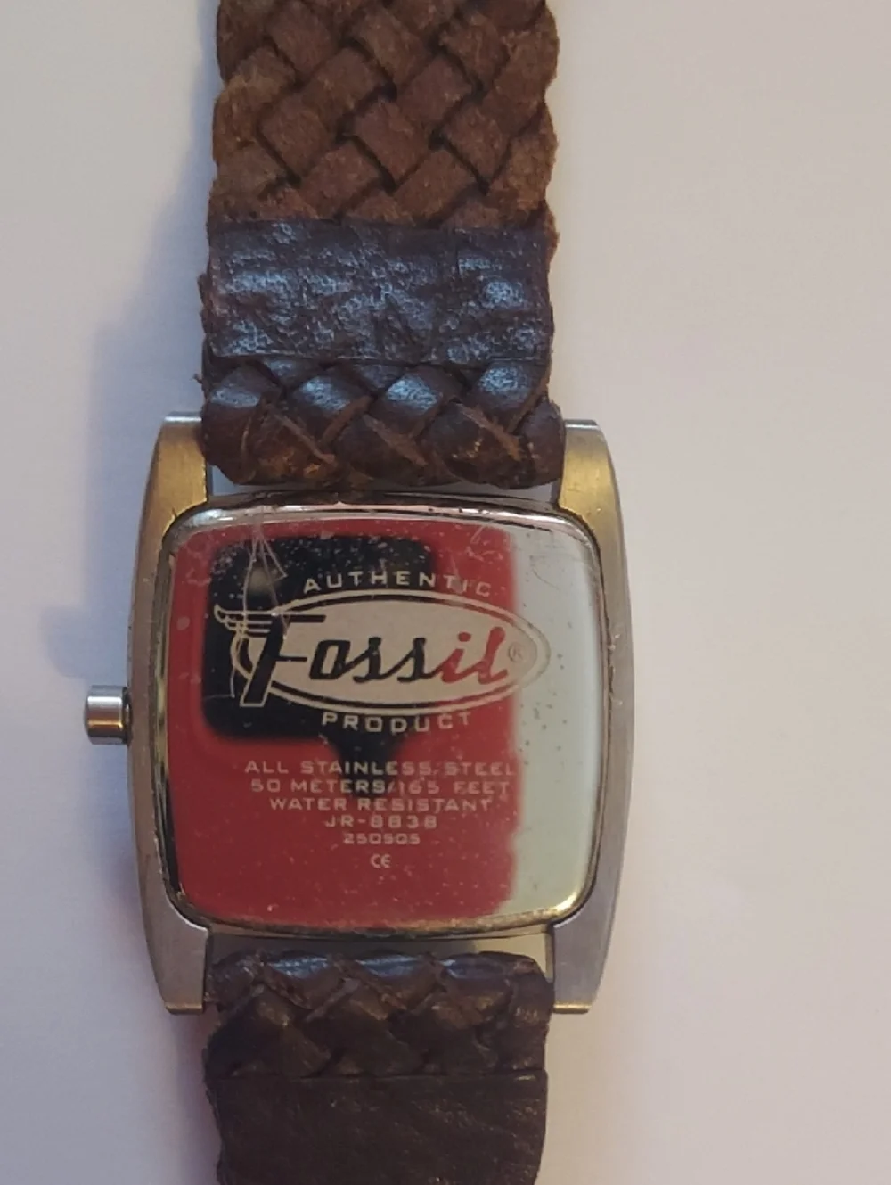 Fossil Watch Brown Braided Leather Band Stainless Steel Square Face VINTAGE